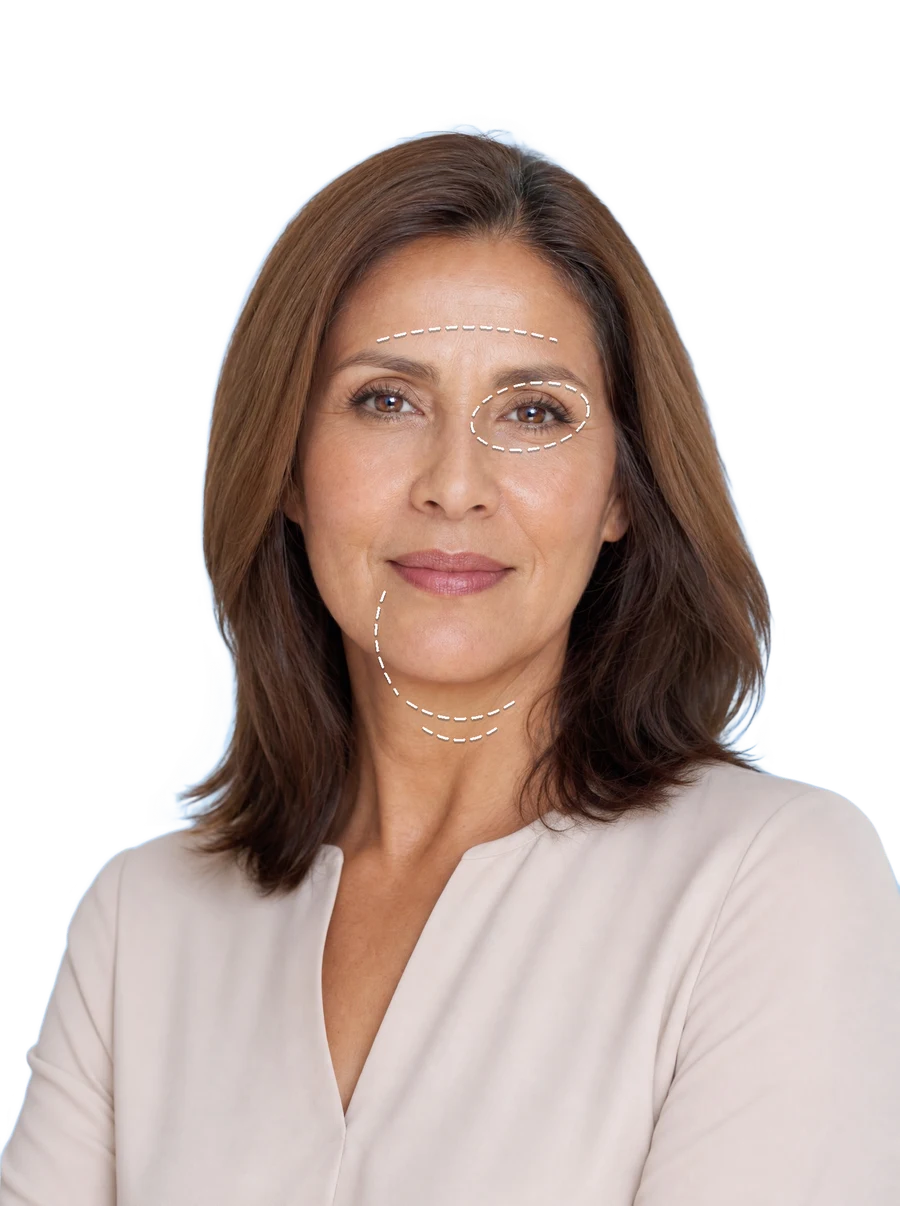 Rostro de una mujer de mediana edad con piel sana, paciente de rejuvenecimiento facial sin cirugía en Bogotá